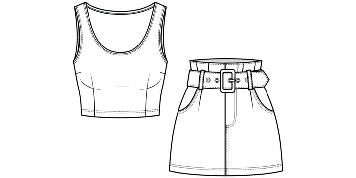 Technical fashion sketch of sleeveless crop top and high-waisted skirt with belt, garment construction design, flat vector illustration