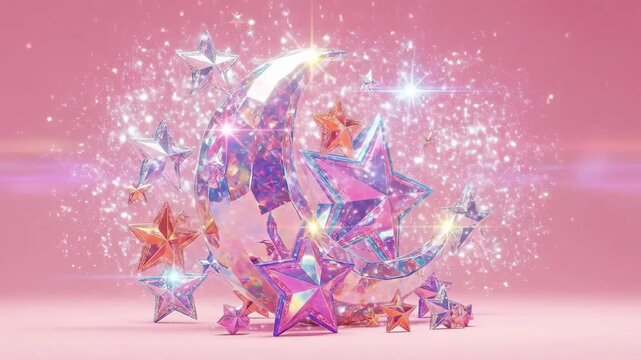 Crystal crescent moon and sparkling stars on a pink background. Celebration of Ramadan, Eid al-Fitr, and Eid al-Adha. Islamic holiday decoration.