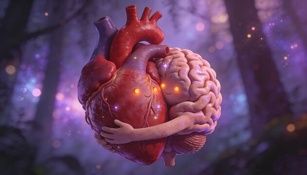 A human heart and brain are cradled by hands in a mystical forest with purple and blue hues conveying wonder