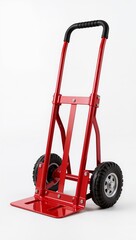 Red industrial hand truck dolly with wheels isolated on white background, warehouse logistics and material handling equipment.
