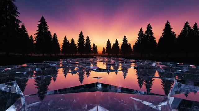 Frozen lake surrounded by trees at dusk with vibrant colors reflecting on the ice surface