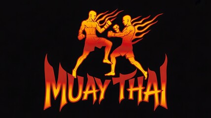 Fiery muay thai fighters silhouette logo with flames on dark background