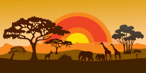 African savanna landscape with silhouetted wildlife at sunset © Rubel