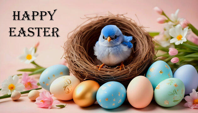 Easter card, An adorable blue bird nestles among Easter eggs in pastel colors and delicate spring flowers and emblazoned with the words Happy Easter in gold. with space for ,created with genertive ai