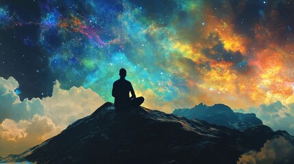 Fototapeta premium A person in meditation atop a mountain, cosmic sky above