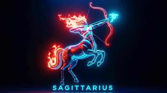 Neon glowing Sagittarius zodiac sign as archer centaur with bow and arrow on dark background for astrology and horoscope