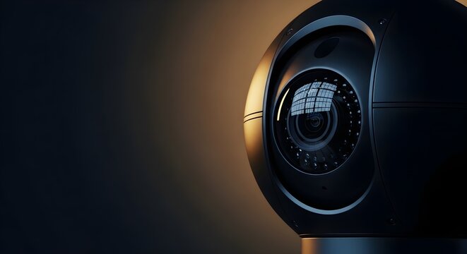 A security camera highlighted by a single overhead light in a dark environment, viewed from the side.