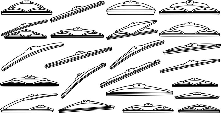 Black and White Line Art Collection of Diverse Car Wiper Blades