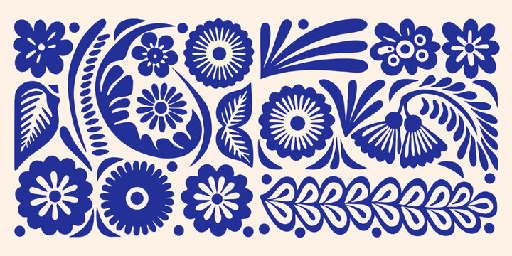 Blue and white floral pattern inspired by traditional polish folk art