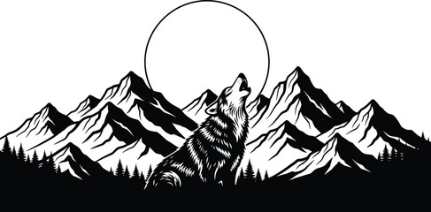 Howling Wolf Silhouette with Mountain Forest Landscape and Moon, Wild Nature Wildlife Vector Illustration for Outdoor Adventure Design