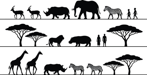 African safari wildlife silhouette scene with elephant lion zebra giraffe rhino antelope trees and people isolated vector landscape illustration set © Heyyy