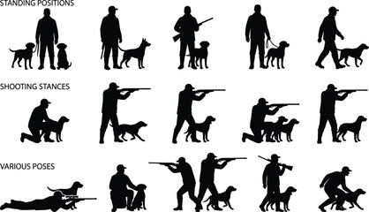 Hunter with dog silhouettes showing standing positions shooting stances and various hunting poses vector illustration isolated collection © Ideasy Mind