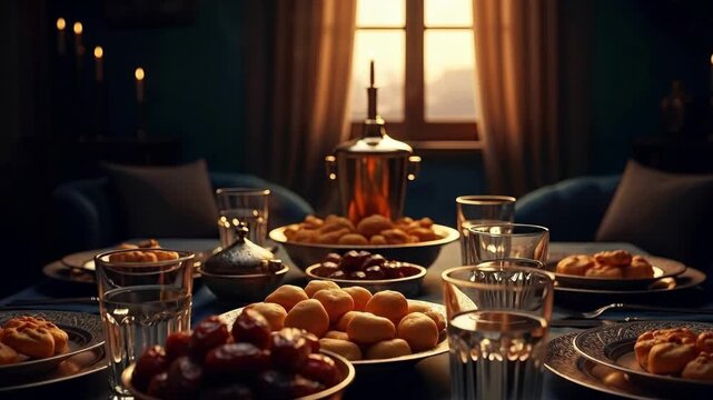 Ramadan iftar table with traditional food, dates, and pastries set for a festive evening meal. Islamic holiday celebration concept.