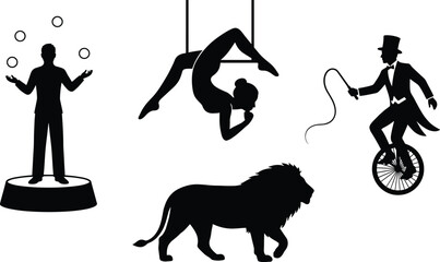 Circus Performer Silhouette Set with Juggler, Aerial Acrobat, Lion and Unicycle Rider, Vintage Carnival Entertainment Vector Collection © Heyyy