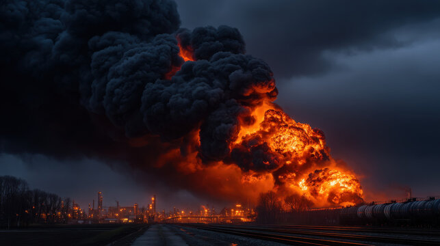 Massive fire and thick black smoke billowing from oil refinery explosion at night, dramatic flames and glowing clouds lighting industrial tanks and rail tracks