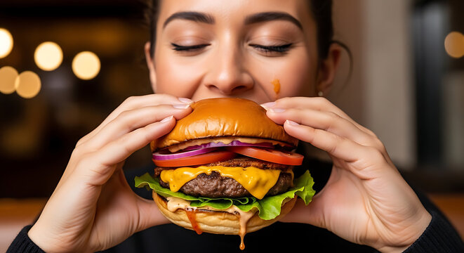 Detailed portrait of a happy young woman relishing a delicious succulent gourmet hamburger with fresh lettuce and tomato while taking a big bite of savory fast food junk meal outdoors