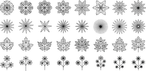 Decorative floral and botanical ornament collection line art flowers leaves and mandala style elements vector illustration set