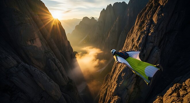 Wingsuit Flyer Soaring Through Majestic Mountain Valley at Sunrise.