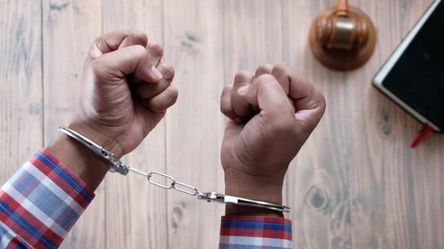 Hands in handcuffs on wooden table with gavel representing law and justice concept in professional setting