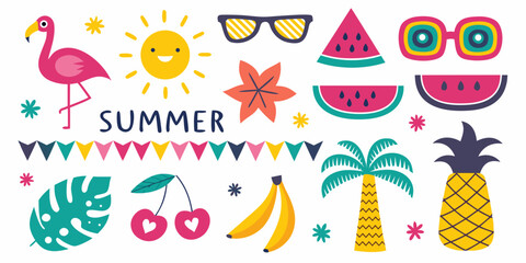 Colorful summer themed illustrations including flamingos fruit and sunglasses © Rubel