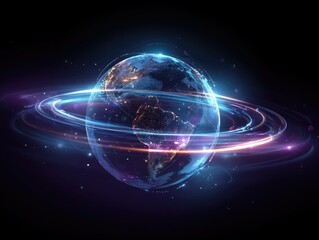Obraz premium Glowing planet with swirling light rings against a dark background