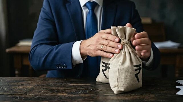 Professional hands holding money bags with Indian Rupee symbol on a wooden table, concept of finance, investment, and savings.