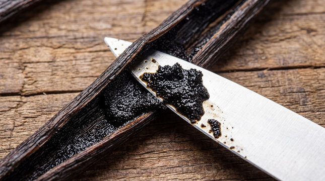 High End Pastry Ingredient Macro Silver Knife Scraping Seeds from Split Vanilla Bean