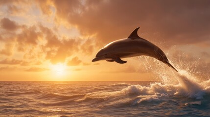 Fototapeta premium Jumping dolphin against golden sunset sky over ocean waves with water splash