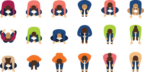 Top view people bowing and kneeling poses collection flat vector characters set showing respect prayer greeting yoga positions © Ideasy Mind