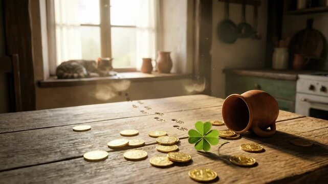 Gold coins and a clover on a rustic wooden table with pet cat in background. St. Patricks Day celebration of luck and irish tradition.