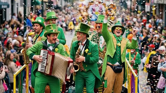 Men in green outfits playing musical instruments on a parade float with confetti falling. St Patricks Day celebration and festival concept.