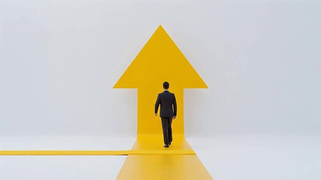 Man walking on yellow arrow path