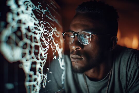 Person intently studying a glowing digital world map