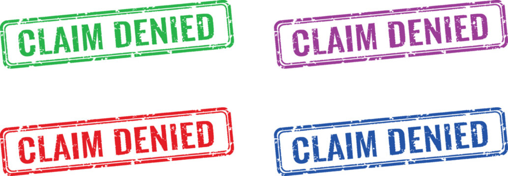A set of colorful claim denied stamps on a white background