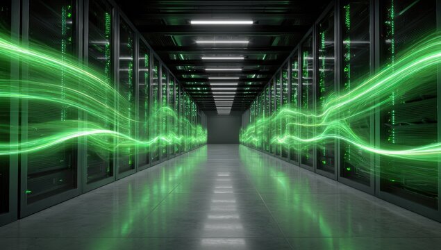 Futuristic data center with glowing green energy streams