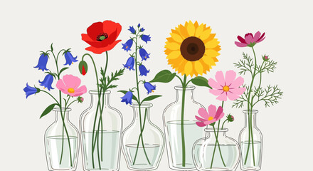 Obraz premium A vibrant collection of assorted wildflowers and sunflowers in glass vases, celebrating nature's beauty and seasonal blooms