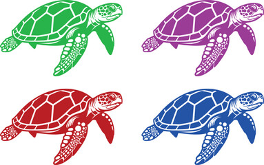 Fototapeta premium A colorful illustration of four turtles in different colors on a white background