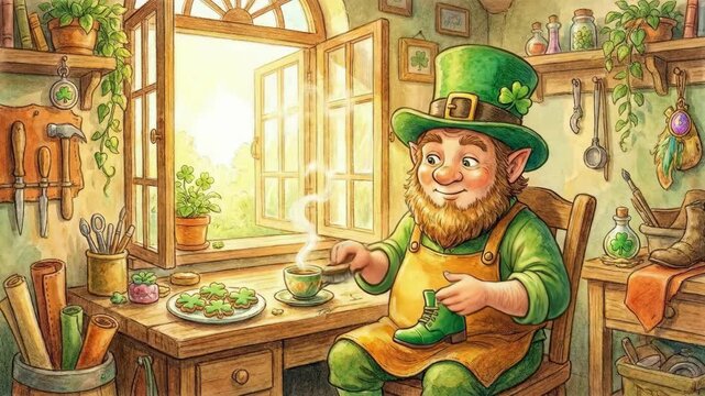 Happy leprechaun bootmaker working in his cozy workshop. St. Patricks Day cheerful fantasy illustration and Irish folklore concept.