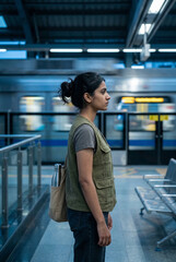 Fototapeta premium Woman standing on a metro station platform with blurred train