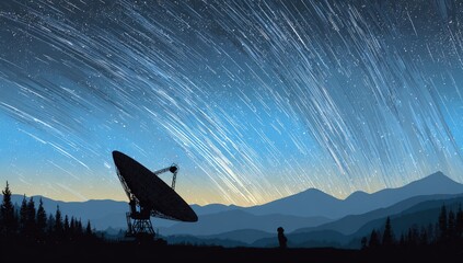 Fototapeta premium Vast satellite dish gazes at streaking stars over silhouetted mountains and forest