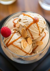 Scoops of frozen dessert topped with caramel drizzle and nuts served in a clear glass bowl