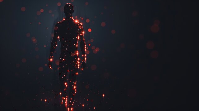 Post-Exertional Malaise (PEM) Concept: Human Silhouette with Glowing Red Energy Depletion Ripples and Pain Dots on Dark Background &ndash; Abstract Medical Art