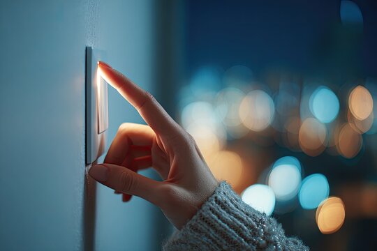 Finger presses light switch at night, illuminating room. Bokeh lights background