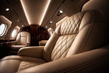 Fototapeta premium Opulent Private Jet Interior: Luxurious Diamond-Stitched Leather Seats in Warm Ambiance