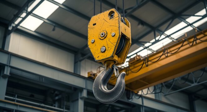 Industrial crane hook hanging from pulley block inside factory warehouse with heavy lifting equipment