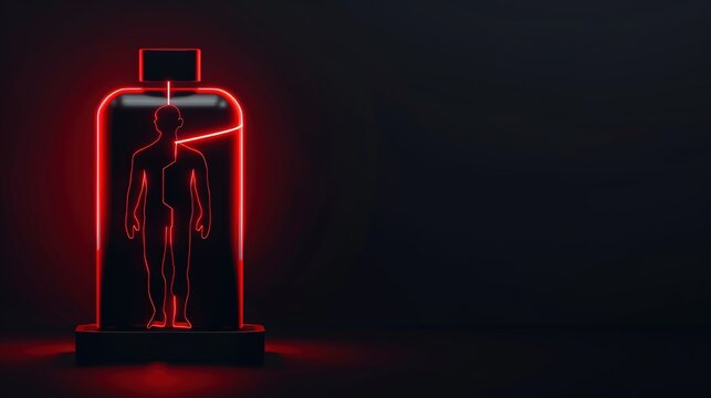 Low Battery Human Silhouette Icon with Faint Red Warning Glow &ndash; Minimalist Concept Art Symbolizing Profound Fatigue on Dark Background