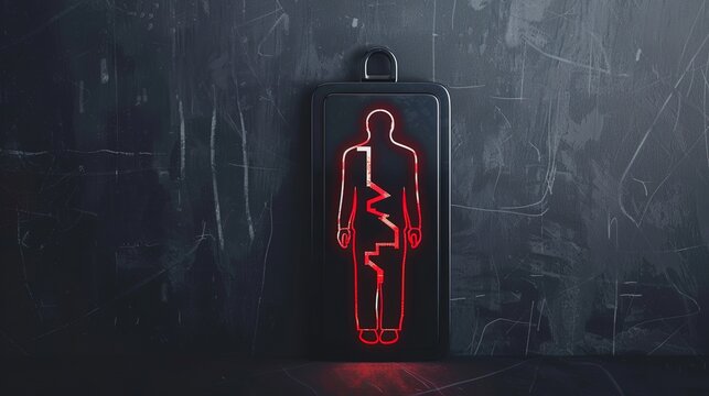 Low Battery Human Silhouette Icon with Faint Red Warning Glow &ndash; Minimalist Concept Art Symbolizing Profound Fatigue on Dark Background