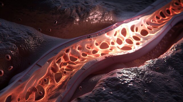 Microscopic Cross-Section of Diseased Pulmonary Arteriole with Thickened Wall, Smooth Muscle Proliferation, and Obstructed Blood Flow &ndash; Scientific Visualization on Dark Background