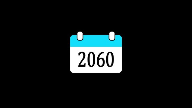 Animated 2060 Calendar Icon on Black Background, Minimalist Blue and White Planner Flip Animation.