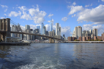 New York City skyline with Brooklyn Bridge over river under blue sky with clouds, urban architecture and waterfront buildings create vibrant cityscape view